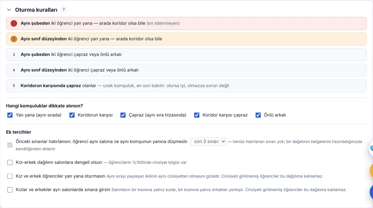 Oturma kuralları kartı: komşuluk öncelikleri ve kız-erkek, ayrı salon, önceki sınavlar seçenekleri