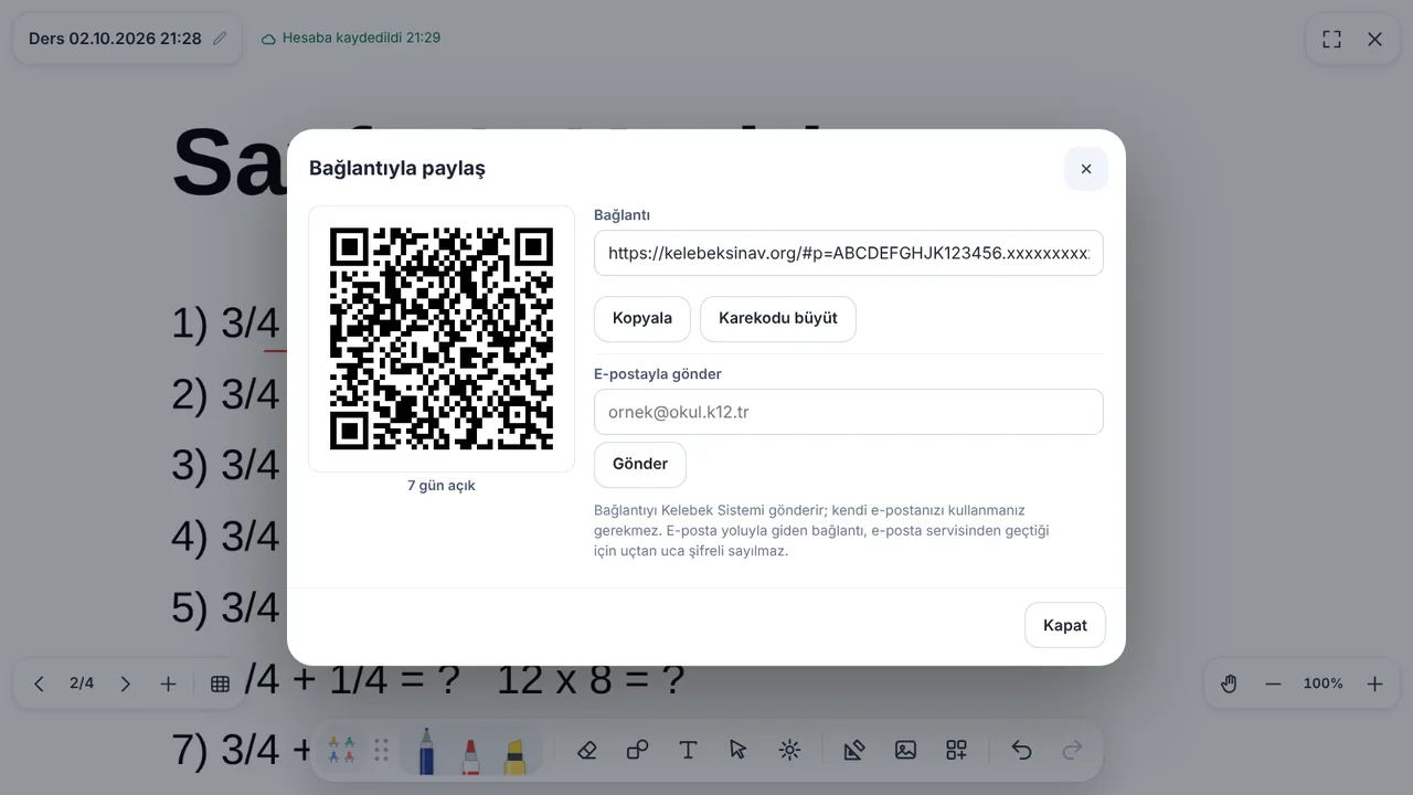 Bağlantıyla paylaş penceresi: karekod, paylaşım bağlantısı, kopyalama ve e-postayla gönderme