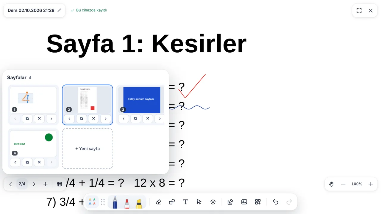 Sayfalar paneli: dersin sayfalarının küçük resimleri, çoğaltma, silme ve sıralama düğmeleri